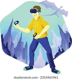 Man playing virtual world game Illustration