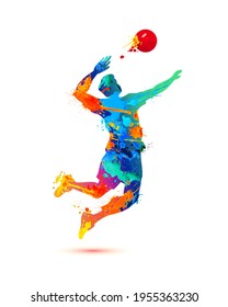 Man playing volleyball silhouette vector icon of splash paint