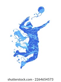 Man playing volleyball silhouette. Vector icon of blue paint on white background
