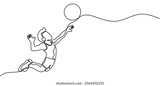 Man playing volleyball, symbolizing teamwork, agility, and sport. One line drawing for an active and healthy life. Vector illustration hand drawn.
