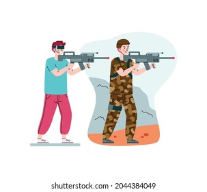 Man playing VR war game with virtual reality glasses and toy weapon, cartoon vector illustration isolated on white background. Augmented reality for interactive games.