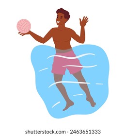 Man playing water polo. Male character play water volleyball, guy doing beach sport recreation flat vector illustration. Cartoon beach volleyball player