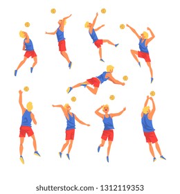 Man Playing witn Ball Wearing Sports Uniform Set, Volleyball Player, Professional Sportsman Character in Motion Vector Illustration