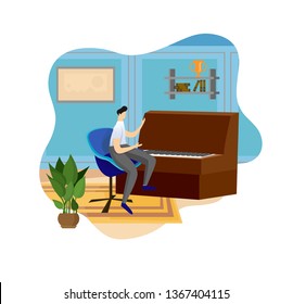 Man Playing Wooden Piano At Indoor Interior Background. Musical Lesson In Class Room. Young Artist Performing Music Composition. Talented Guy, Creative Hobby. Cartoon Flat Vector Illustration, Icon