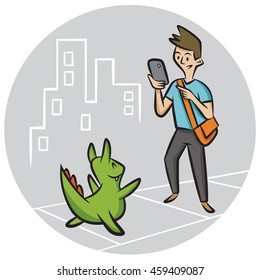 A man plays an augmented reality game on his mobile phone.