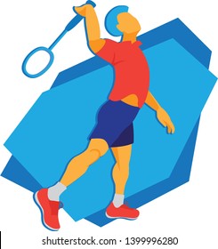 A man plays badminton. Athlete completes for victory. Healthy hobby. Active Lifestyle. The man with the rocket is playing.