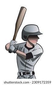 Man plays baseball. Half body young character holding a baseball bat. Vector illustration isolated on white background.