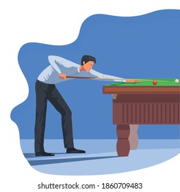 Der Mensch spielt Billard. Junge Männchen mit einem Cue in den Händen steht auf der Seite des Snookertisches. Der Spieler bückte sich und zielte darauf, den Ball zu schlagen. Vektorflache Design-Illustration des Snookerspielprozesses