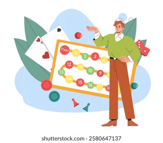 Man plays board games. Young guy near board with cards and dices. Fun and entertainment, leisure and recreation. Cheerful person with board game map. Flat vector illustration