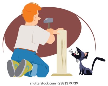 Man plays with cat. Scratching post for kitty. Illustration concept template for website, web landing page, banner, presentation, social, poster, promotion or print media.