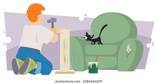 Man plays with cat. Scratching post for kitty. Illustration concept template for website, web landing page, banner, presentation, social, poster, promotion or print media.