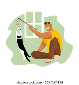 a man plays with a cat. vector image of a man and a cat. playing with a pet