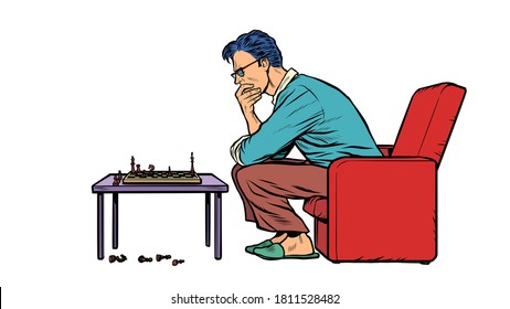 A man plays chess alone. Pop art retro vector illustration 50s 60s style