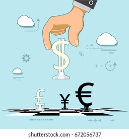 Man plays chess in the form of world currencies. Stock exchange and making money. Strategy and development of broker business. Vector illustration.