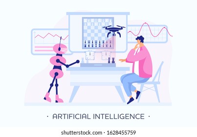 A man plays chess with a robot. The artificial intelligence of the robot analyzes and learns. Testing, communication, technology and machine learning. Modern flat people vector illustration. Vector