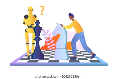 Man plays chess with robot concept. Male character made creative move with knight and confused artificial intelligence. Human defeated. Cartoon flat vector illustration isolated on white background