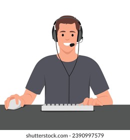 A man plays the computer game front view, wearing headphone and holding mouse. Flat vector illustration isolated on white background