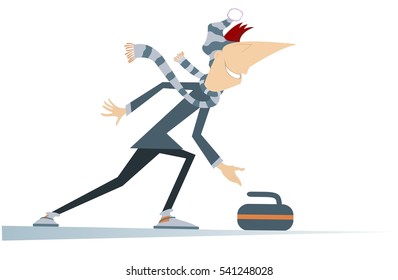 Man plays curling. Cartoon curling player illustration
