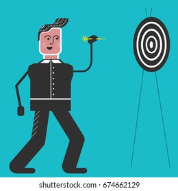 Man plays in Darts. Man with arrow on the blue background.Flat design sport concept.