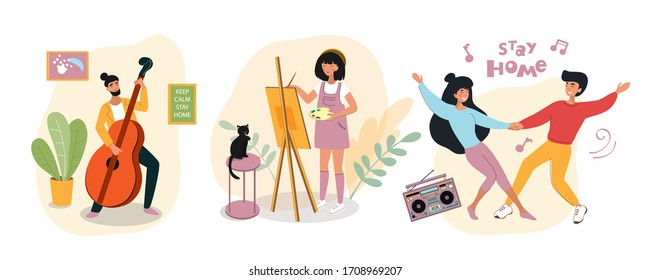 A man plays the double bass, a dancing couple, a girl paints a picture at home. Social quarantine period coronavirus. Concept stay home save life