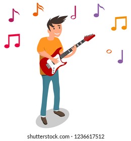 A man plays the electric guitar, guitarist plays the guitar. Isometric illustration of a man with a guitar.