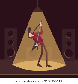 A man plays the electric guitar on stage. Beautiful guitarist illustration for banners, posters, logos. Modern human design. Vector rock band. Contemporary lifestyle.