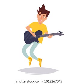 Man plays the electric guitar. Vector. Cartoon. Isolated art on white background. Flat