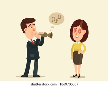 A man plays the flute for a woman, she is mesmerized by his music. Hypnosis and manipulation of a woman. Vector illustration, flat design, cartoon style, isolated background.