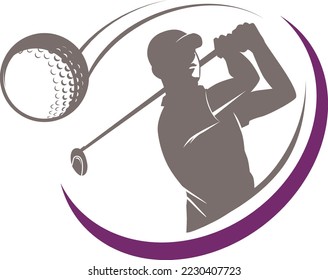 El hombre juega al golf. Balancín de club. Golfer toca el logo con un fondo blanco. Fondo excluido