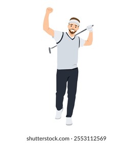 Hombre juega concepto de golf. Joven con palos y pelotas feliz. Ilustración vectorial plana aislada sobre fondo blanco