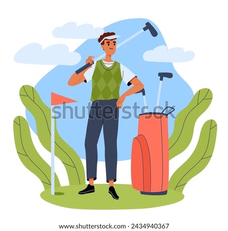Man plays golf concept. Young guy with clubs and balls. Character with sorts equipment. Active lifestyle and sports. Tournament and competition. Poster or banner. Cartoon flat vector illustration