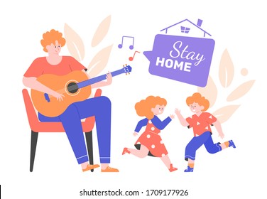 Un hombre toca la guitarra, los niños bailan juntos. Papá, hija e hijo escuchan música, diviértete juntos. Fiesta familiar en casa. Ilustración plana vectorial.