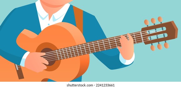 A man plays the guitar. Hands of a guitarist close up. Guitar lesson. School of music. Classical musical instrument. Vector cartoon illustration