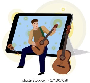 A man plays the guitar. Illustration for online concerts and advertising of street concerts, bards.