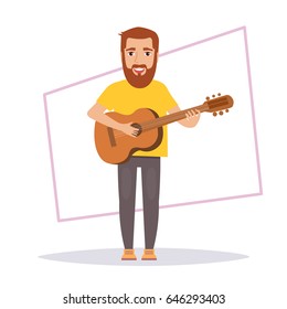 Man plays guitar. Isolated art on white background. Vector. Cartoon. Flat