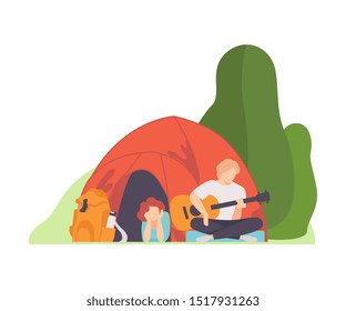 Man plays a guitar near the tent. Vector illustration.