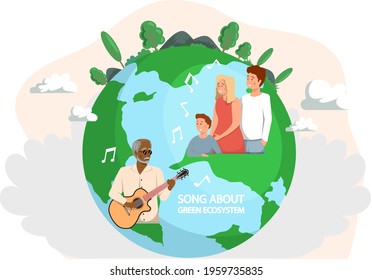 Man plays guitar on background of planet. Guy singing songs about green ecosystem to other people. Caring for environment of Earth. Family listening to musician performing live music about ecology