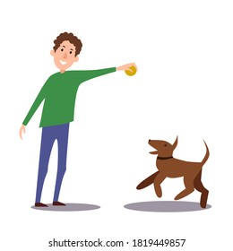 un hombre juega con su perro mascota mientras monta una escena de un juego de pelota. Ilustración vectorial en un fondo blanco aislado. Estilo plano.