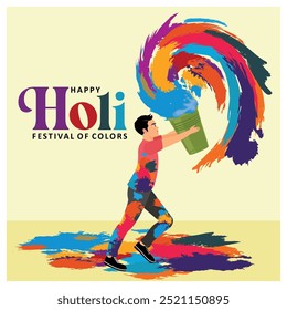 Ein Mann spielt Holi mit Gulal und Pichkari. Feiern Sie ein festliches buntes Festival. Holi-Hai-Konzept. Flache Vektorgrafik.