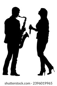 Man plays jazz instruments. Isolated silhouette on white background