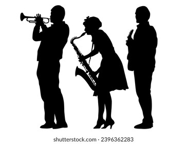 Man plays jazz instruments. Isolated silhouette on white background