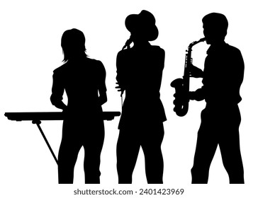 El hombre toca instrumentos de jazz. Silueta aislada sobre fondo blanco