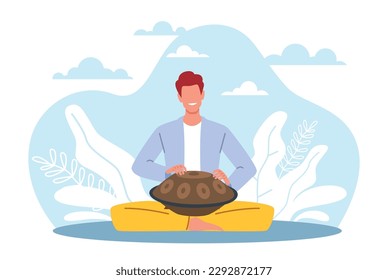 El hombre toca el tambor khang, el hombre es músico con el instrumento musical folclórico khangpan. Hombre sentado en posición de loto. Meditación de yoga de Kundalini. Música étnica. Concepto de vector aislado plano de dibujos animados