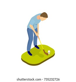 Man plays in mini-golf on small field isolated isometric 3d vector illustration on white background. Male character spends leisure time and does sports.