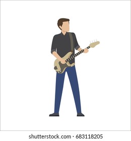 Man plays in musical group on bass guitar, vector illustration isolated on white. Musician with electric instrument perform in cartoon style