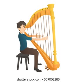 Man plays on harp icon. Flat illustration of man plays on harp vector icon for web