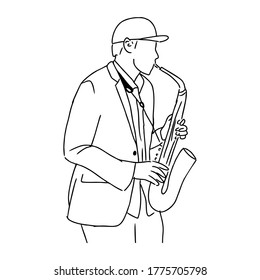 Man plays on saxophone. Line art illustration of man plays on saxophone