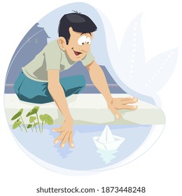 Man plays with paper boat in pond. Illustration for internet and mobile website. 