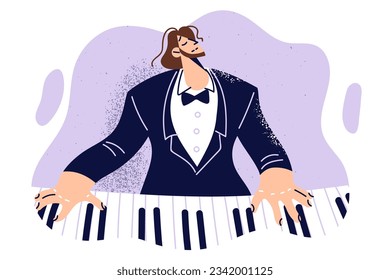 Man plays piano performing classical music on keyboard musical instrument for audience of concert at conservatory. Male composer in tuxedo performs put hands on piano keyboard and closed eyes