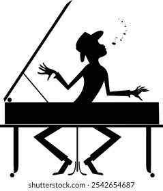 Man plays piano and singing. Man playing music on piano and singing. Black on white illustration	